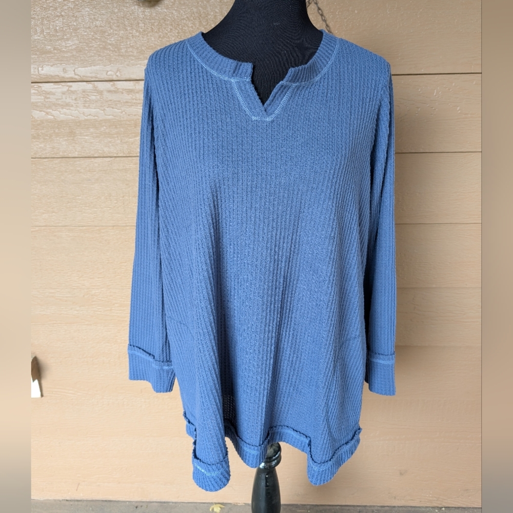 LOGO Lounge Blue Long Sleeve Waffle Knit Top